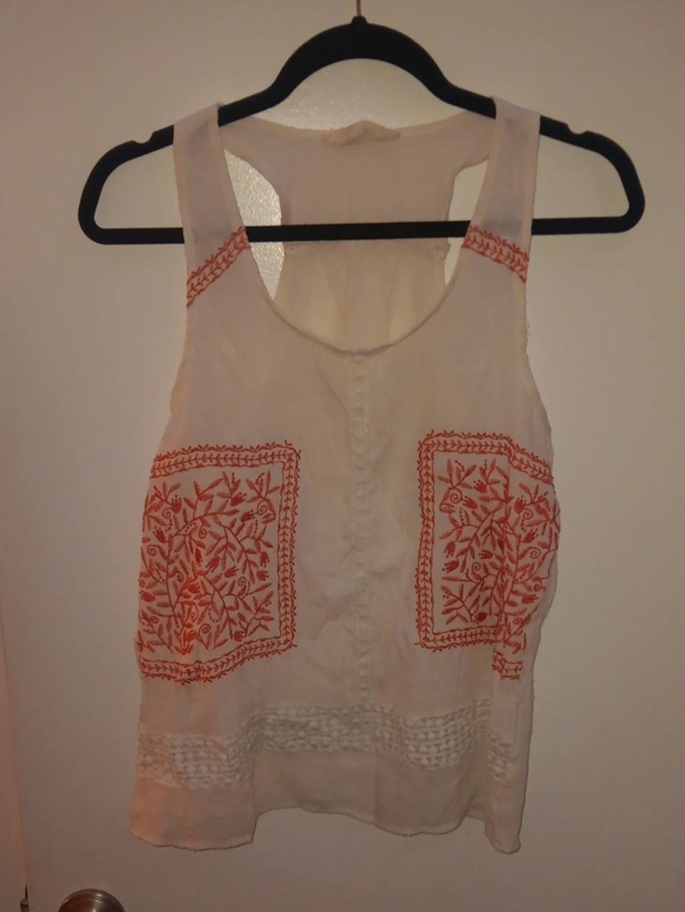 Sweet Wanderer Ivory Tank Top with Orange Embroidery